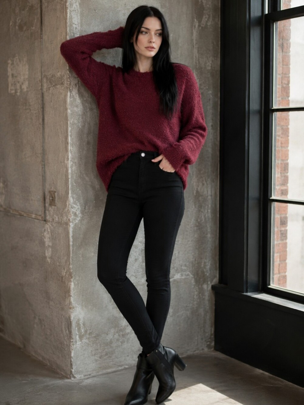 Leith Oversized Eyelash Knit Sweater XS Burgundy Fuzzy Cozy Soft Slouchy CC